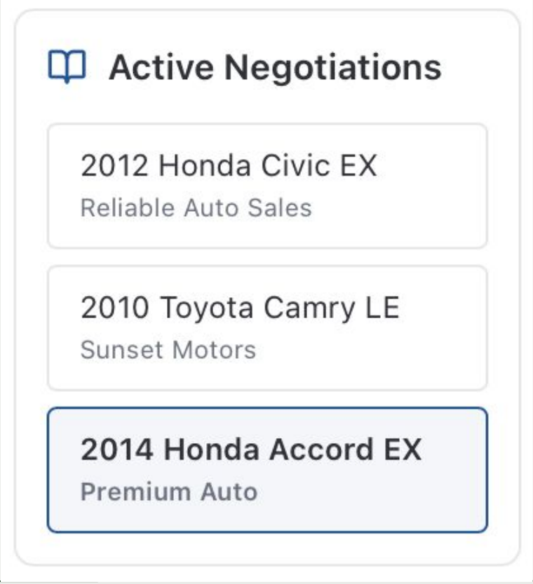 Active negotiations panel showing multiple dealership conversations.