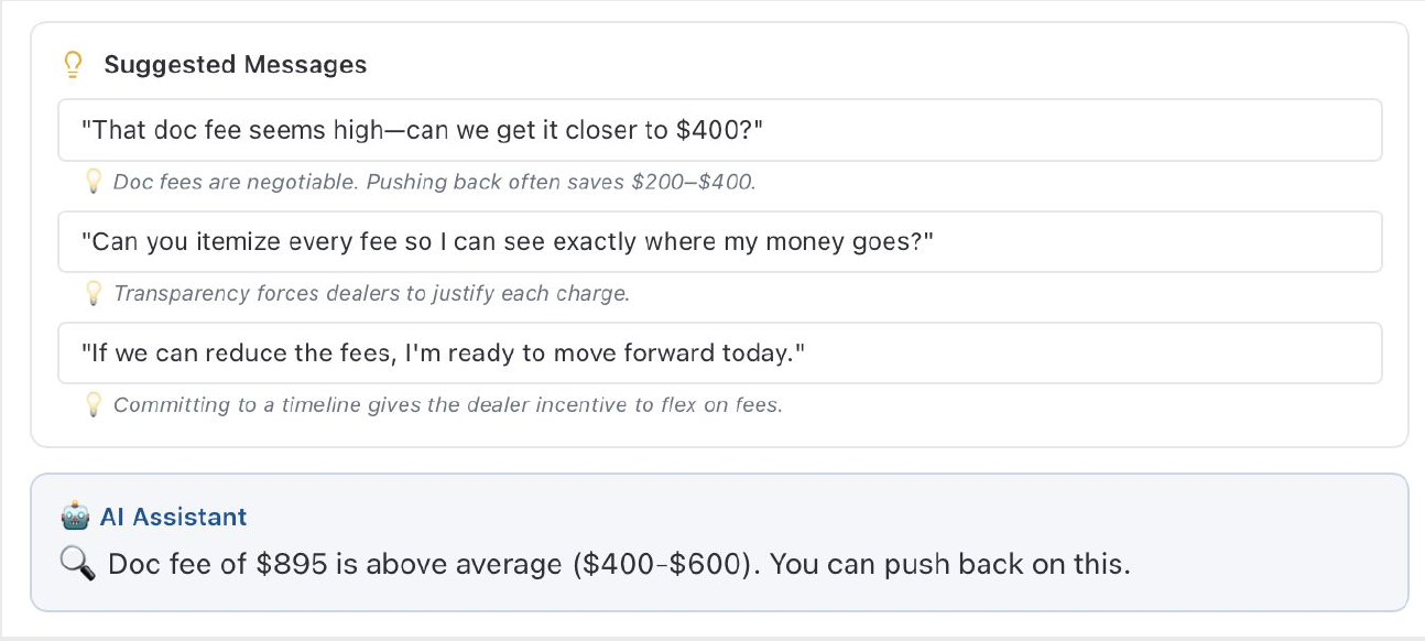 Conceptual AI negotiation guidance interpreting a dealer response and suggesting possible next steps.
