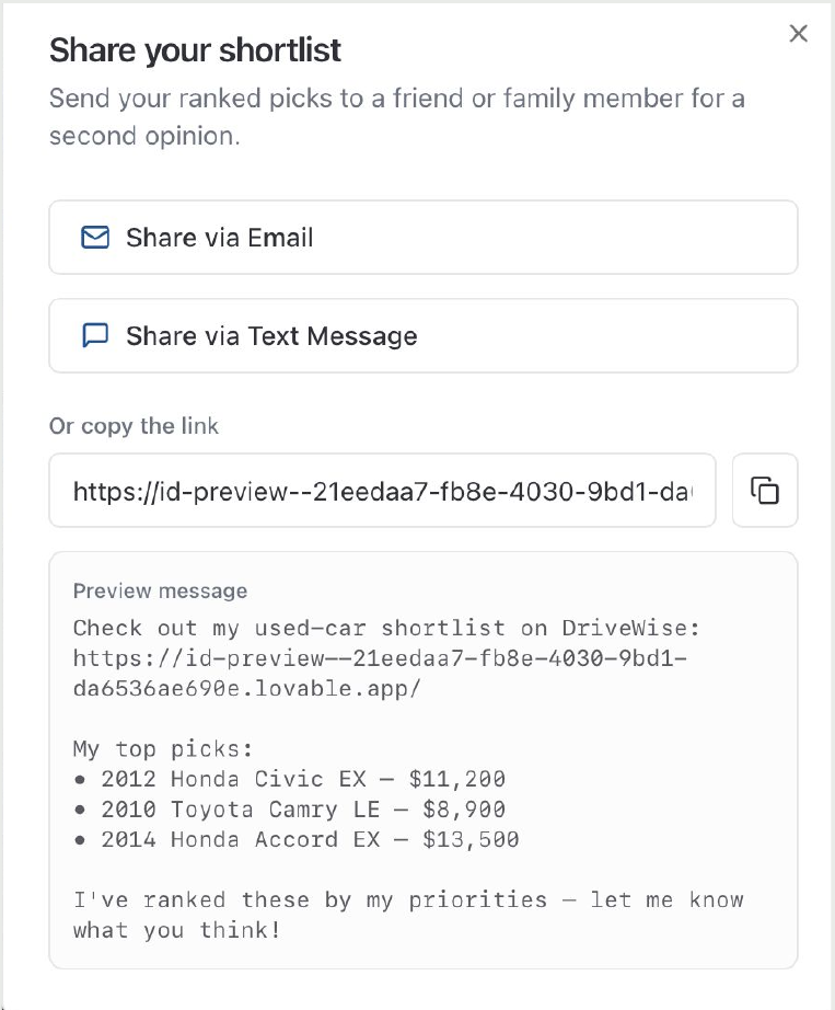 Interface for sharing a ranked car shortlist with friends or family.