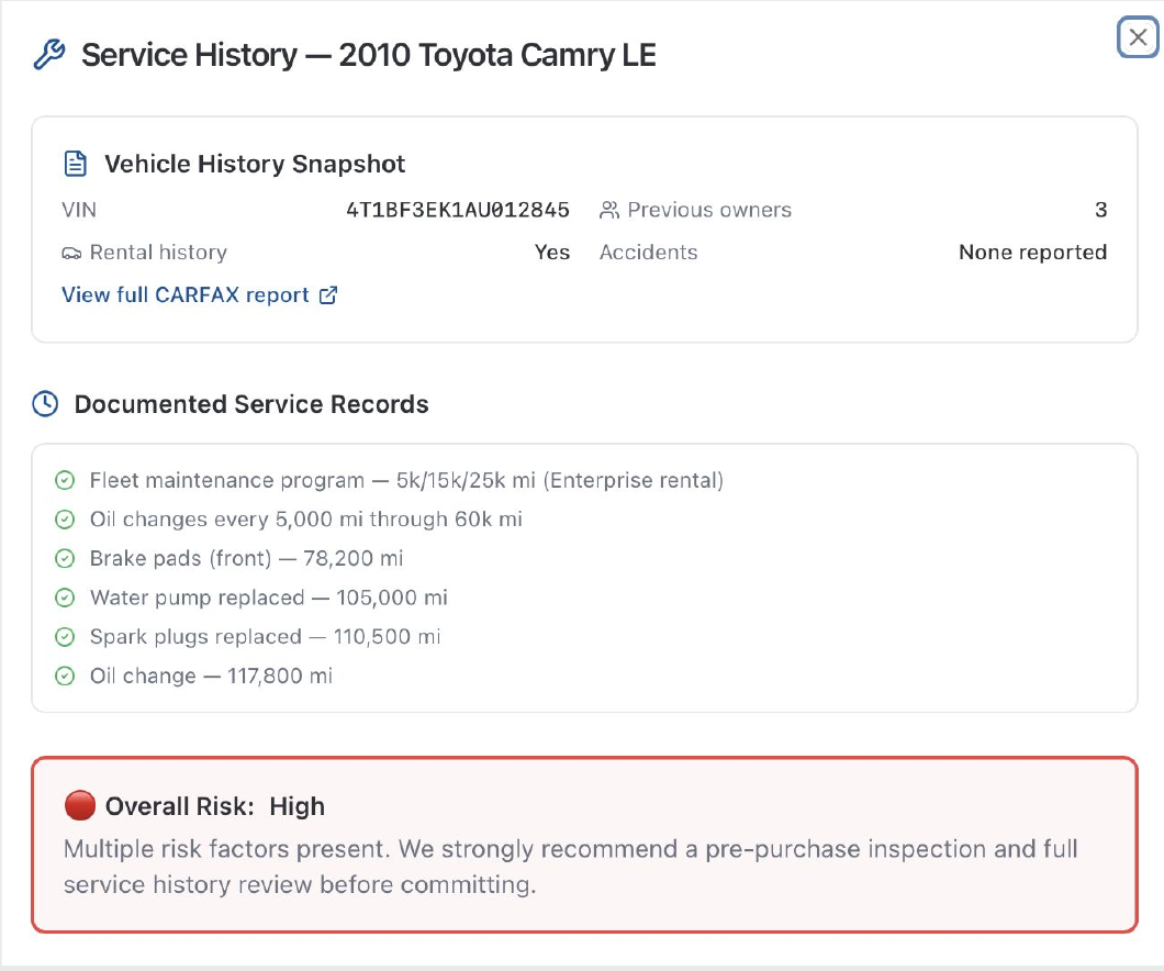 Vehicle service-history view summarizing records and potential risk.
