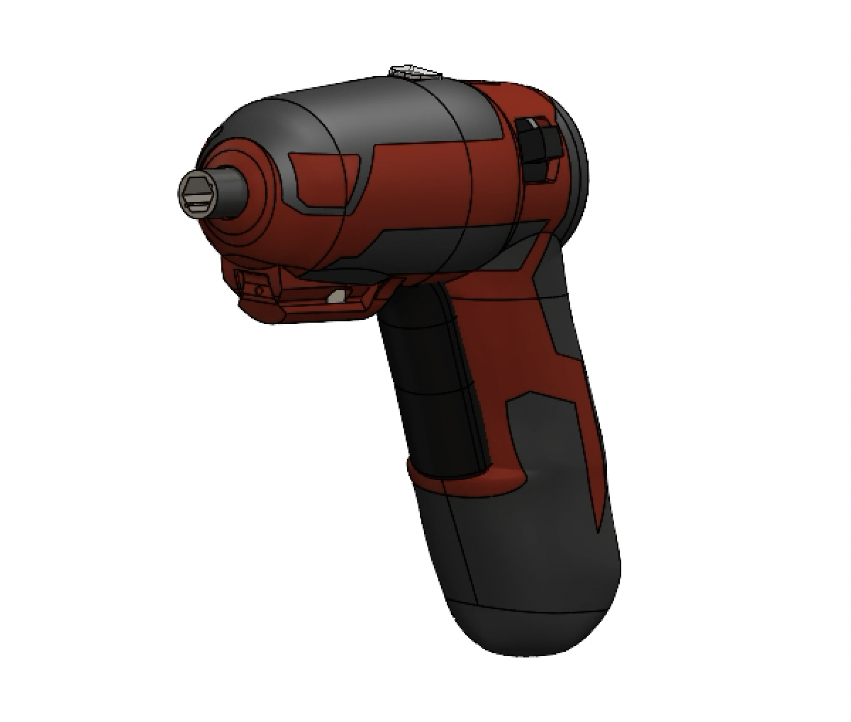 CAD rendering of the assembled screwdriver from a front three-quarter view.