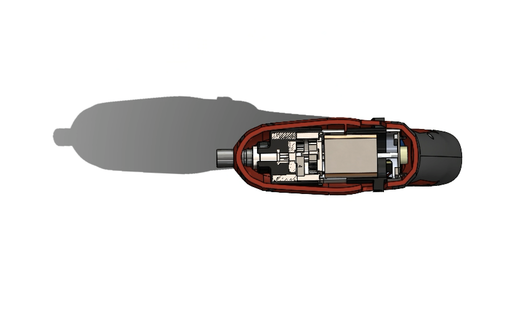 Bottom cutaway CAD view showing internal component placement.