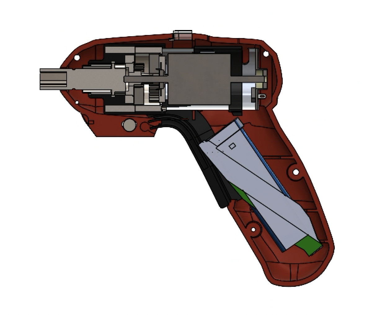 CAD cutaway of the screwdriver showing the battery, motor, transmission, and internal packaging.