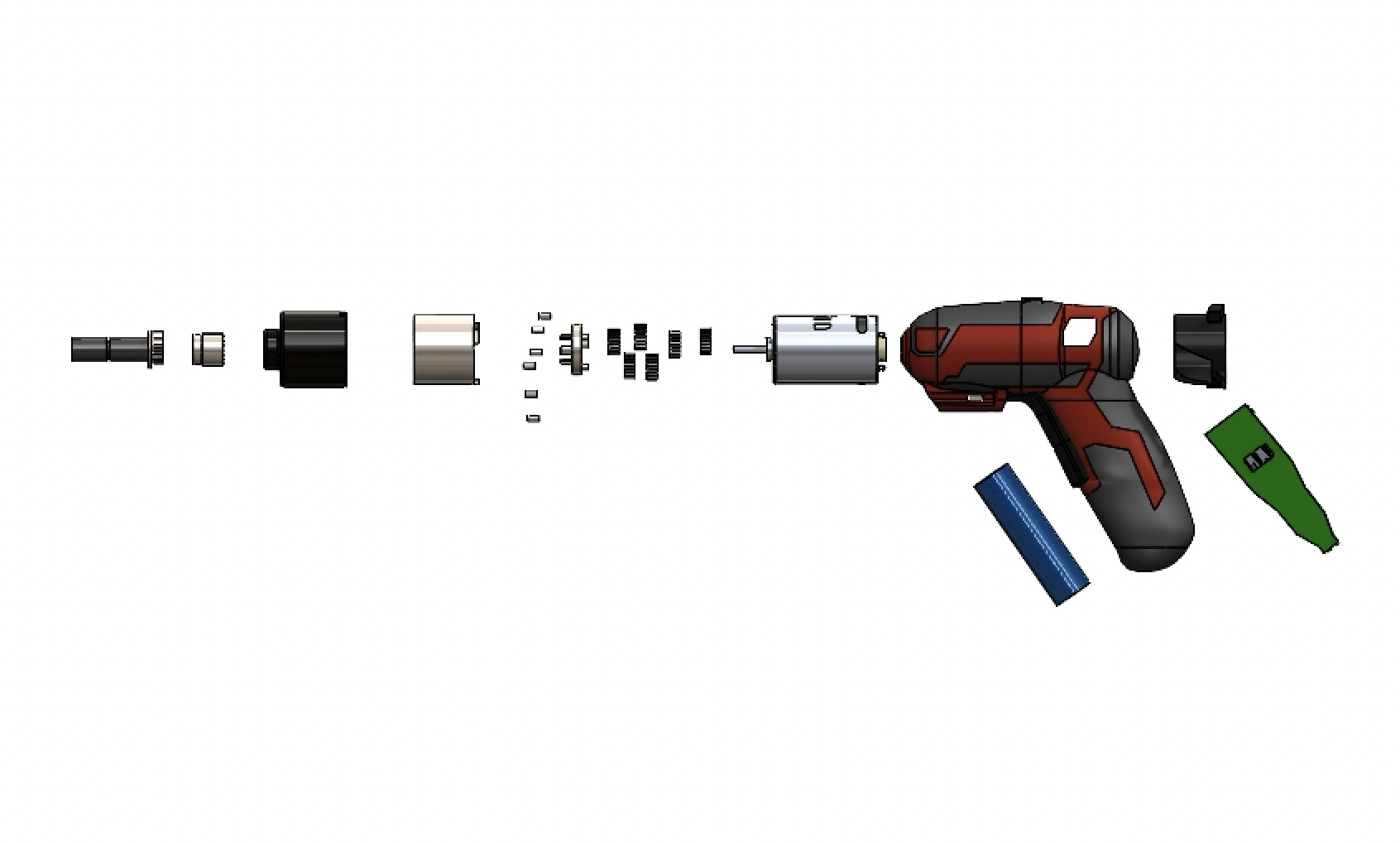 Exploded CAD view showing major screwdriver components separated along the assembly axis.