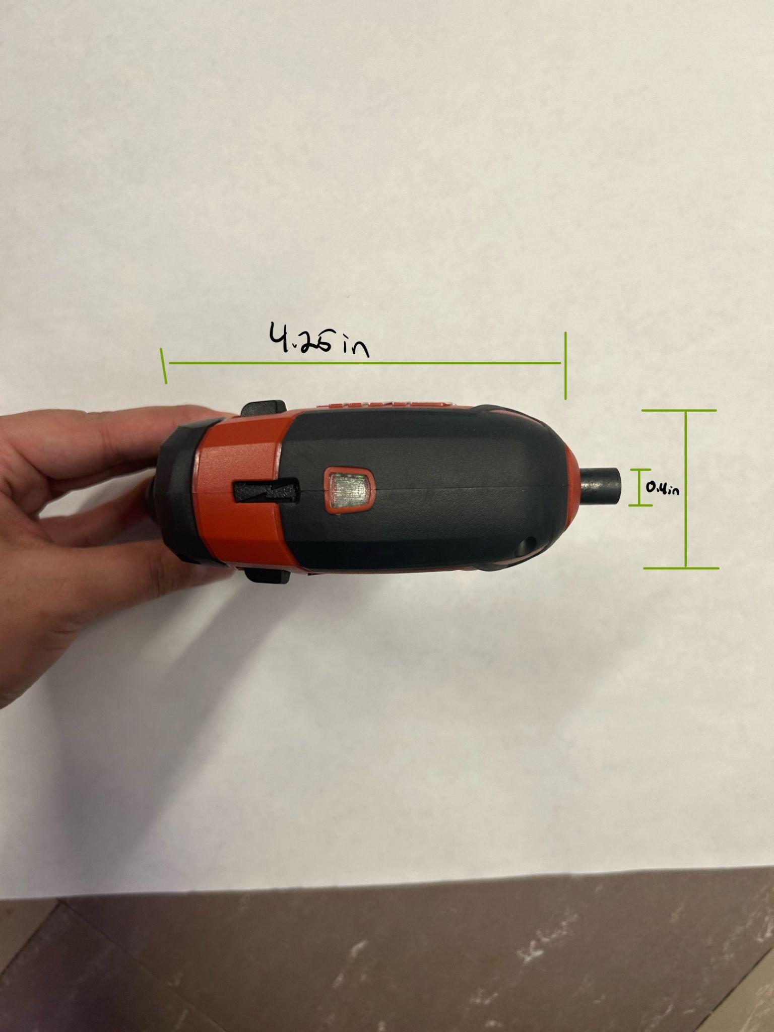 Front view of the rechargeable screwdriver with width measurements marked.