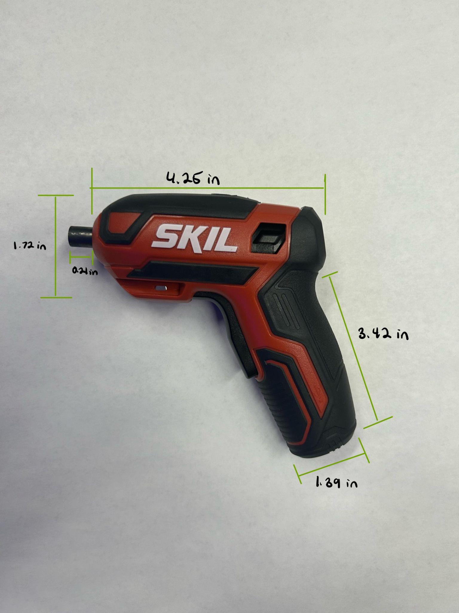 Side view of the SKIL screwdriver with physical dimensions marked.