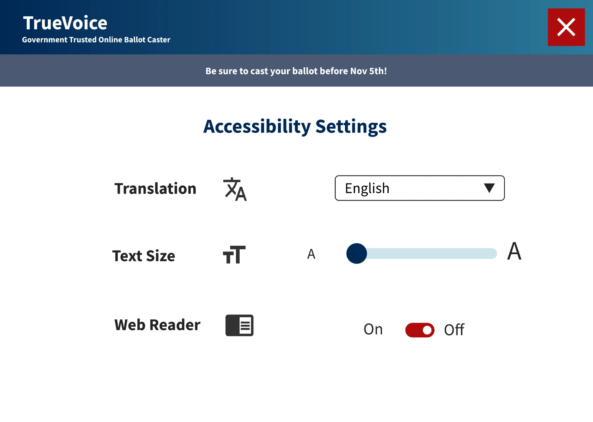 Accessibility settings screen with language, text-size, and web-reader controls.