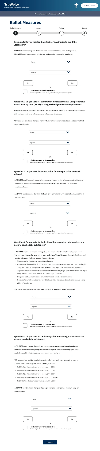 Final ballot-measures interface with progress navigation, favor and against information, and voting controls.