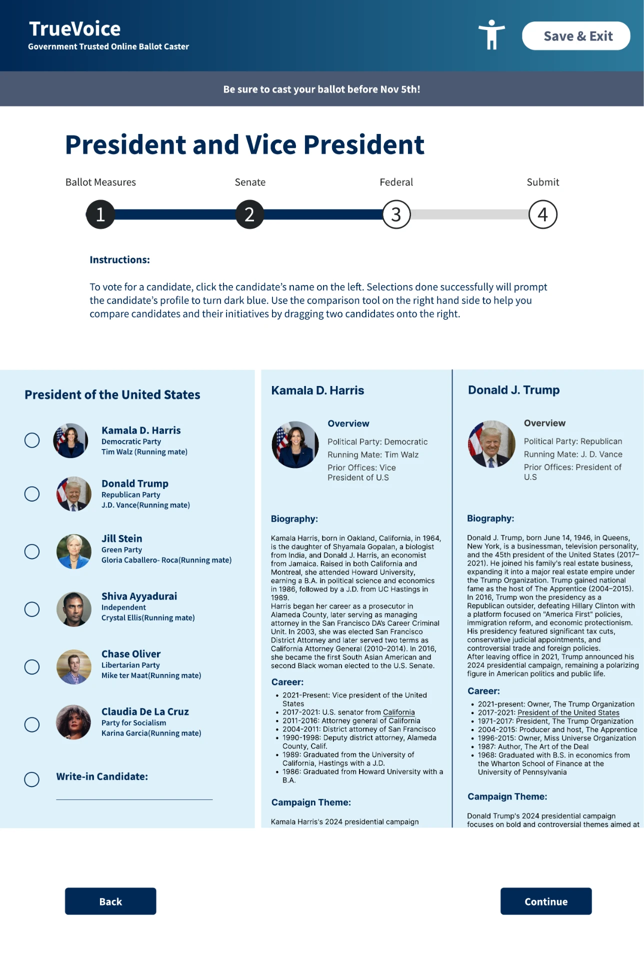 Final candidate-selection interface with candidate information and a side-by-side comparison tool.