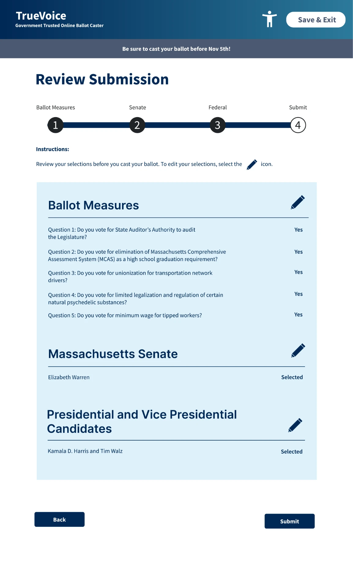 Final ballot review interface with editable ballot measures and candidate selections.