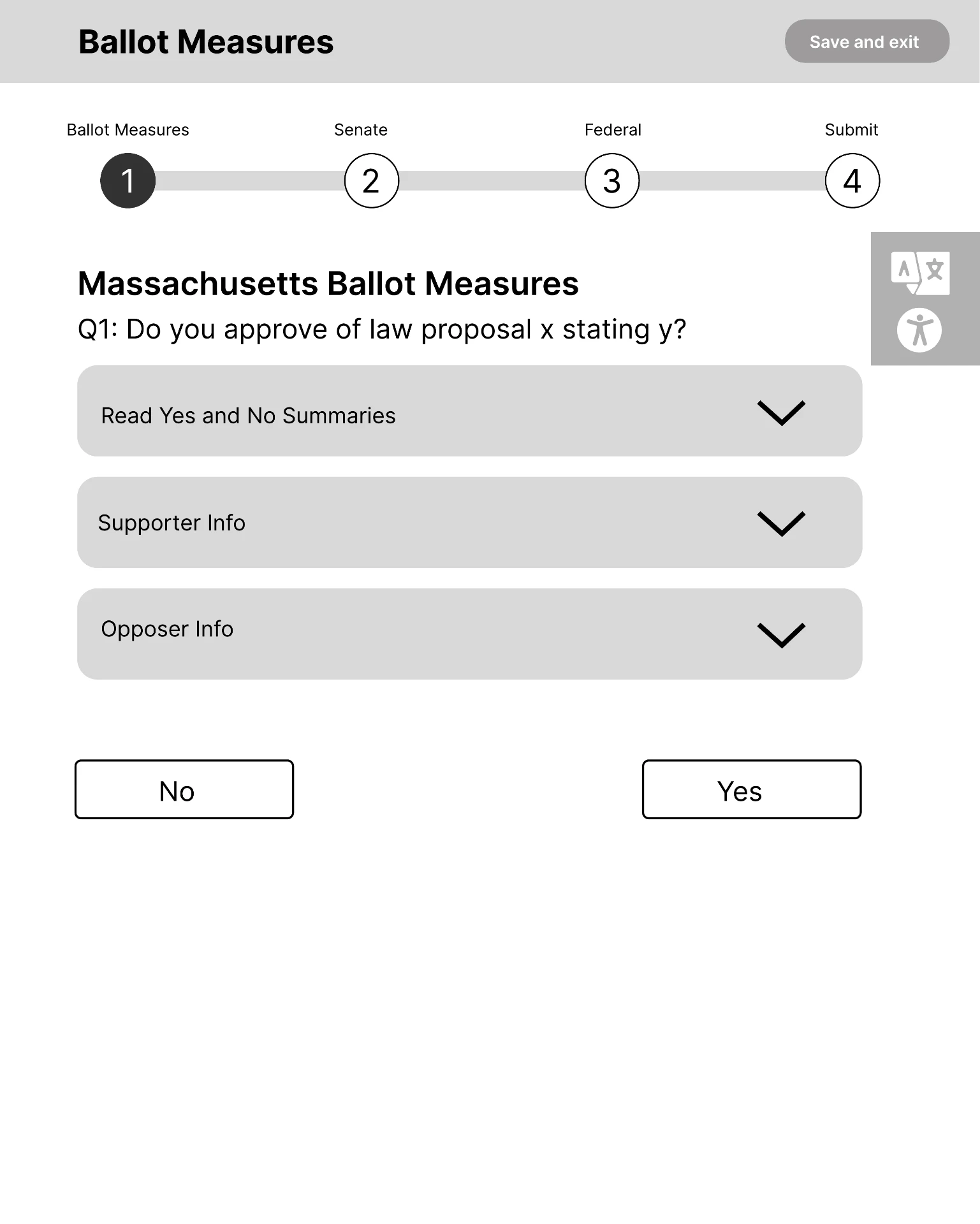 Low-fidelity ballot-measures wireframe with expandable information sections and yes or no voting controls.