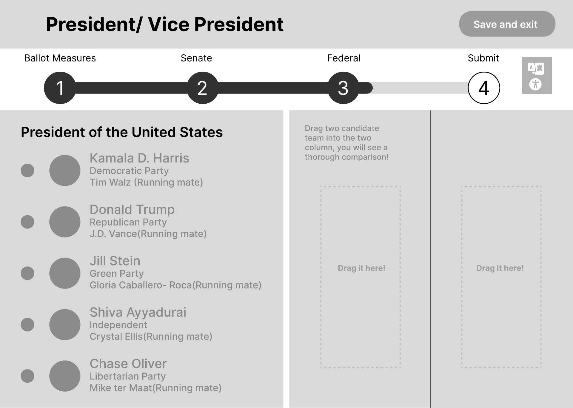 Low-fidelity presidential candidate screen with a side-by-side drag-and-drop comparison area.