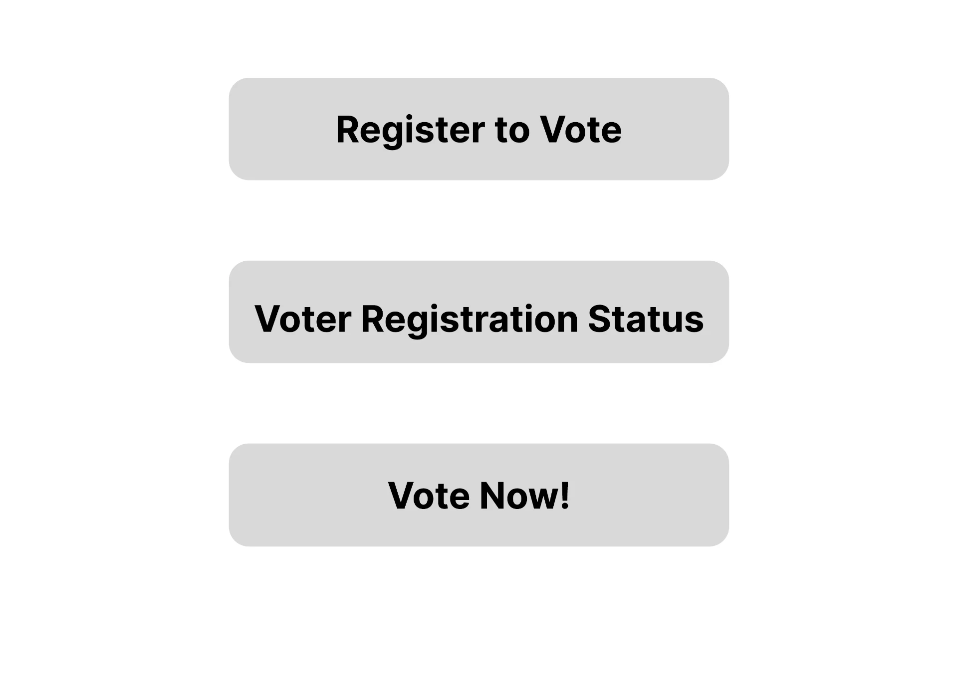 Low-fidelity voting interface wireframe showing options to register, check voter status, or begin voting.