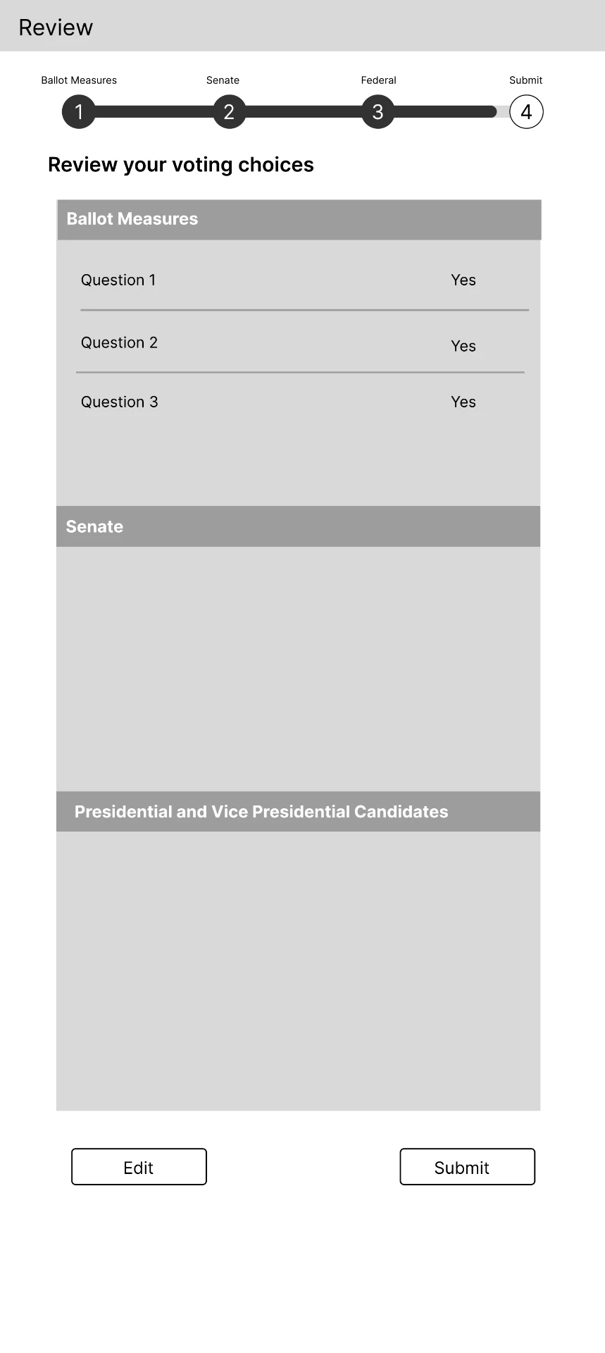 Low-fidelity review screen displaying voting choices before submission.