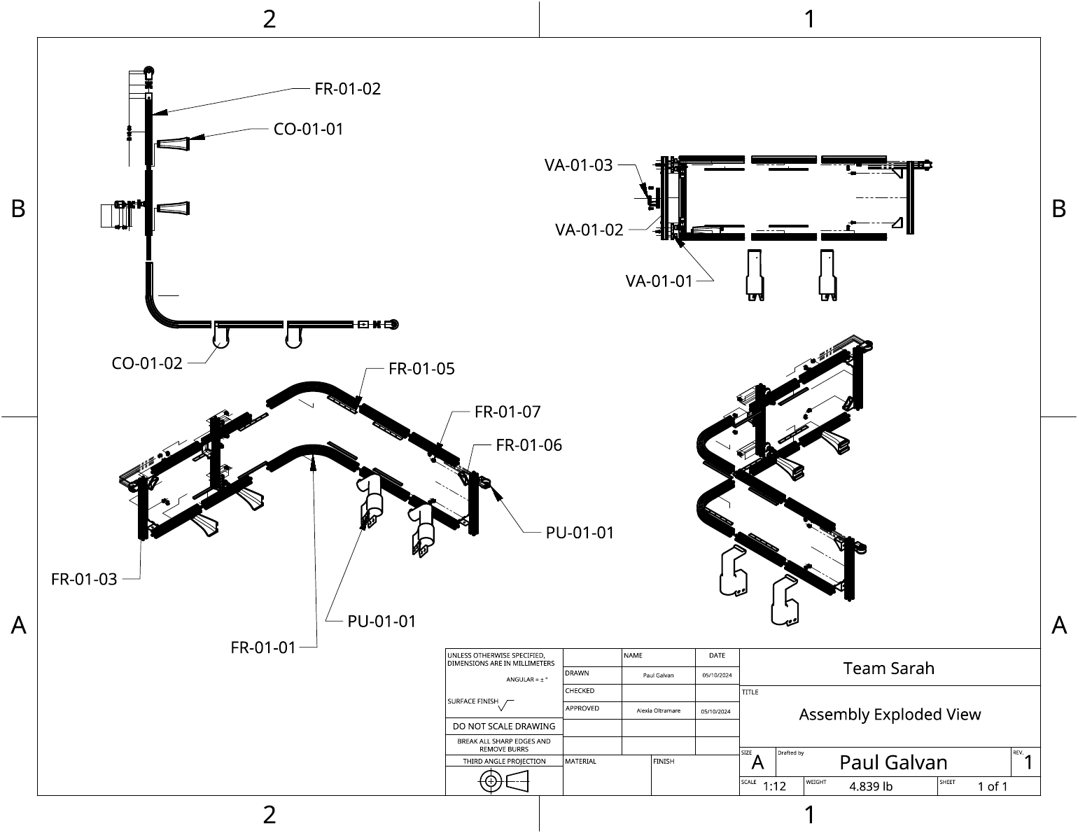 Assembly exploded-view drawing labeling frame, connector, vertical-arm, and pulley components.