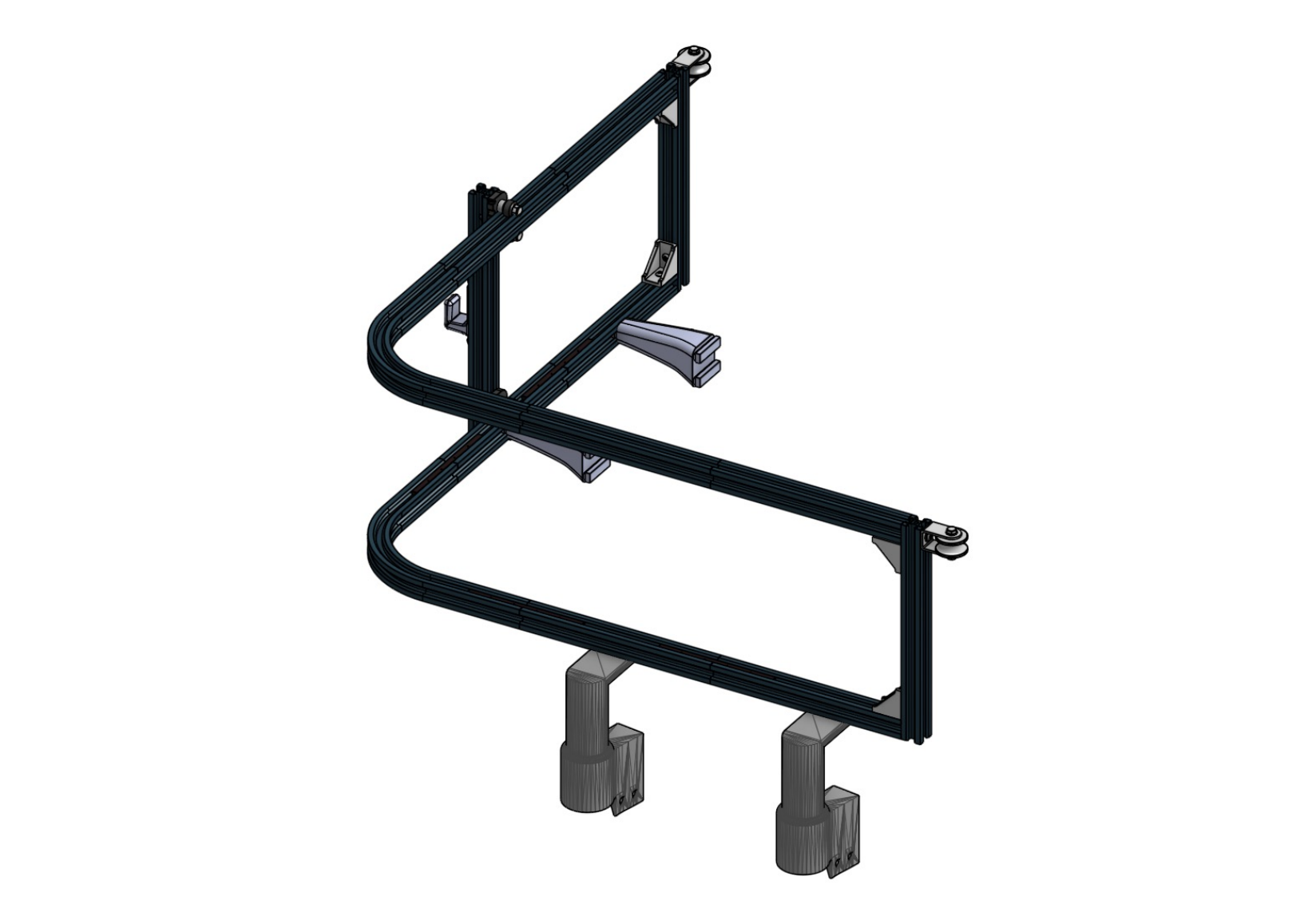 Isometric CAD render of the aluminum-extrusion storage mechanism with curved rail and printed wheelchair connectors.