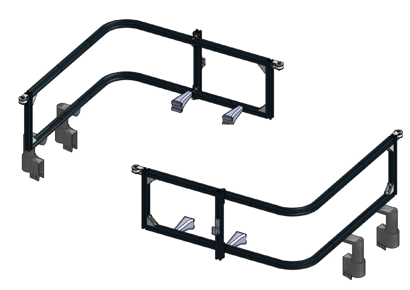Two isometric CAD views of the storage frame showing the curved rail, gantry components, and bag hooks from opposite sides.
