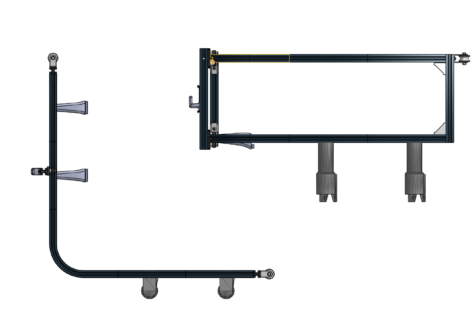 Orthographic CAD views of the storage mechanism showing top, front, and side geometry.