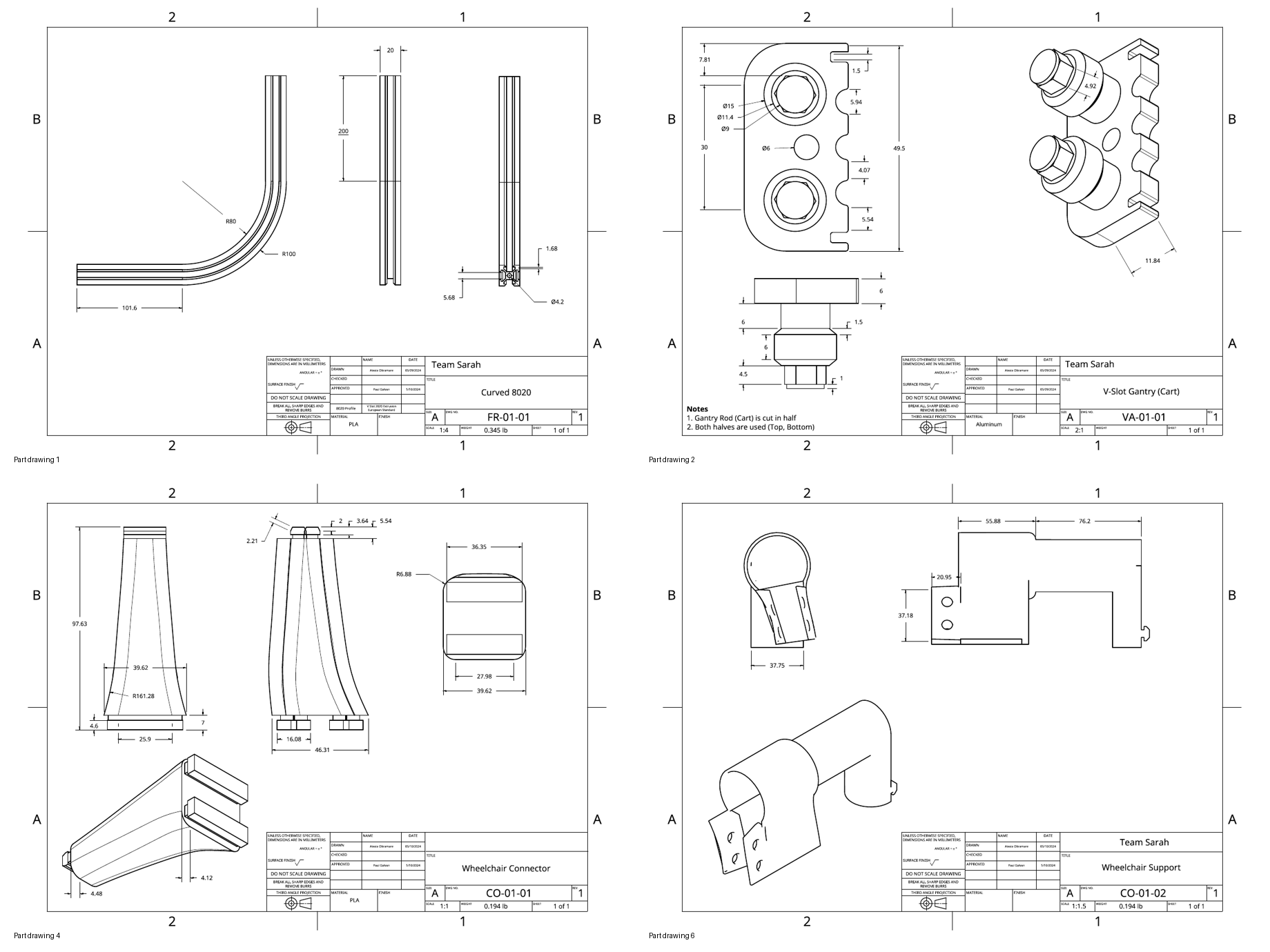 Four engineering part drawings, including a curved frame member, a gantry plate, a wheelchair support, and a wheelchair connector.